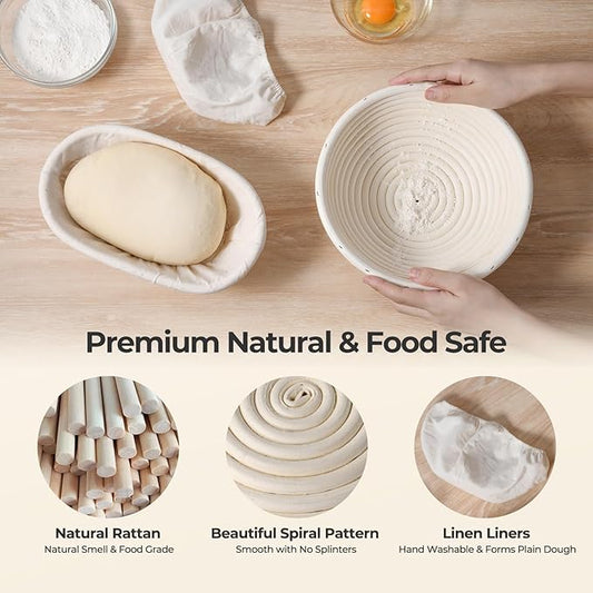 Banneton Bread Proofing Basket Set, 9" Round & 10" Oval Natural Rattan Sourdough Bowl with Linen Liner, Sourdough Starter Kit, Fermented Cloth, Silicone Bread Sling, Ideal for Homemade Bread