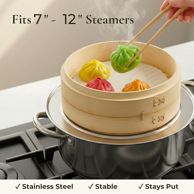 Stainless Steel Steamer Ring for Bamboo Steamer Basket 12-Inch | Fits 7 - 12 Inch Dumpling Steamer Baskets - Ring Adapter for Woks & Pots for Cooking Dim Sum, Rice, Bao Buns, Vegetables