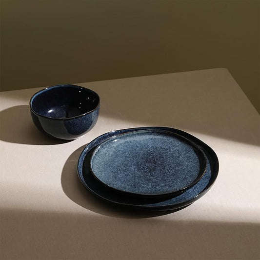 Stone Lain Mirella 12-Piece Stoneware Dinnerware Set, Service for 4, Reactive Glaze, Deep Blue – Includes Dinner Plates, Salad Plates, and Bowls – Modern Artisanal Design