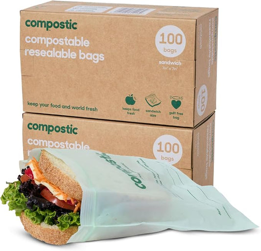 Compostic Compostable XL Sandwich Bags (200 Count) Bulk Pack — Resealable Zip-Seal, Plant-Based, Home Compostable, Freezer & Microwave Safe, BPA-Free, Non-Toxic, GMO-Free Food Storage Bag