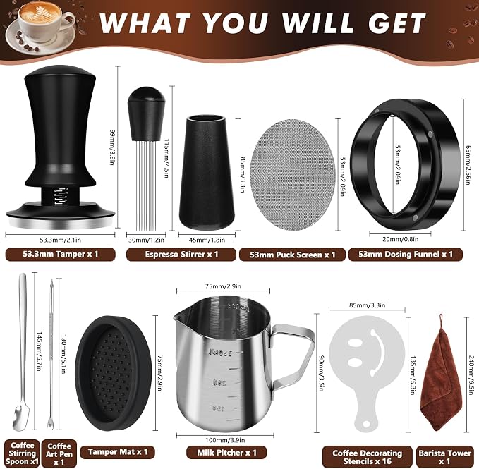 Y-Step 25 PCS Espresso Accessories Kit, 53.3mm/54mm Espresso Tamper Kit Coffee Tamper Set, Espresso Tamper with Spring Loaded Calibrated, Espresso Puck Screen, Dosing Funnel, WDT Tool, Latte Art Kit