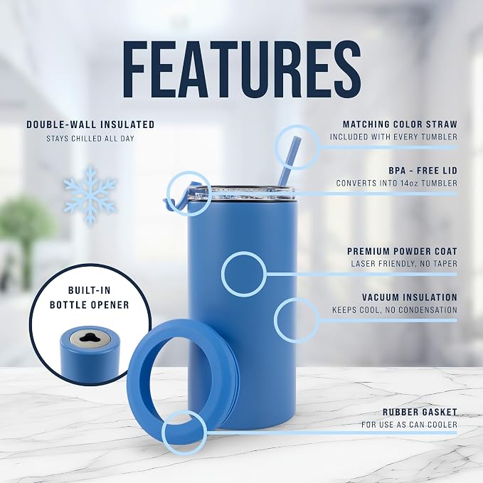 4 in 1 Universal Can Cooler - Steel Blue, Can Holder Insulated, Beer Bottle Cooler, Universal Holder for All Drink Sizes, Stainless Steel Insulated Tumbler, Tailgating Accessories