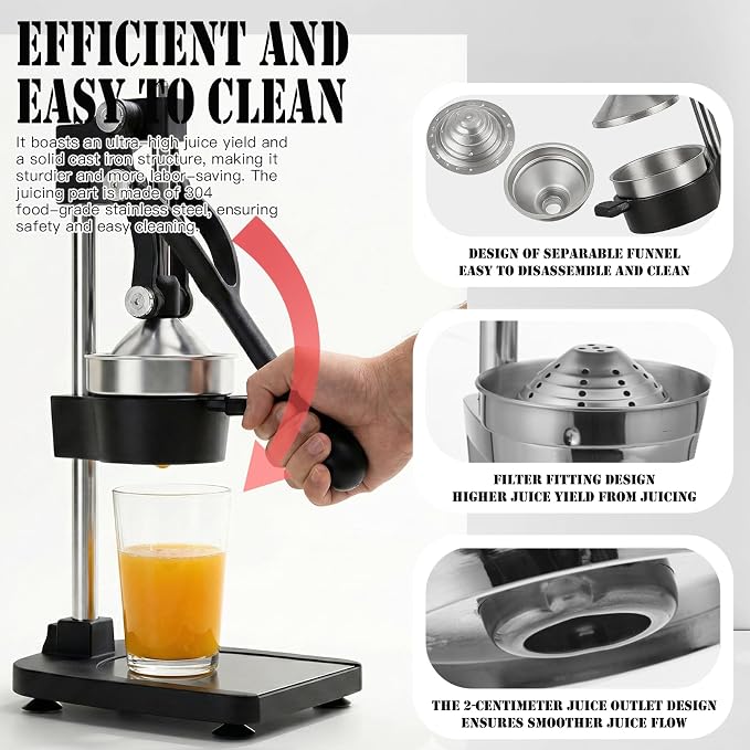 Cast Iron Juicer – Heavy Duty Manual Citrus Juicer, Professional Orange Press, Stainless Steel Lemon Squeezer & Lime Juice Extractor (Gray-Base-Style)