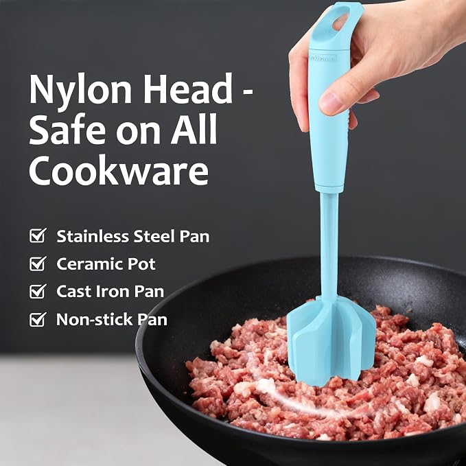 Ourokhome Meat Chopper and Potato Masher, Heat Resistant Nylon Ground Beef Smasher for Hamburger, 5 Curved Blades Nonstick Safe Mixer & Stirrer, Practical Kitchen Gadgets, Mint