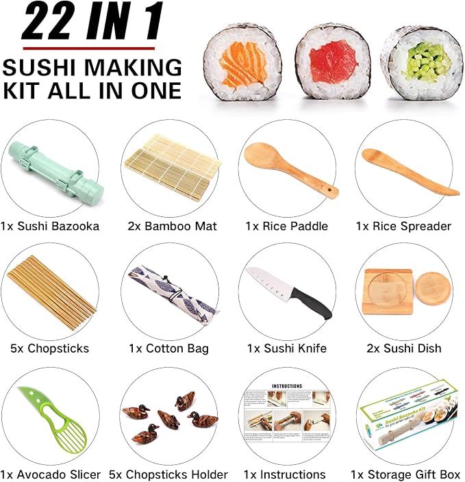 Sushi Making Kit, 22 in 1 Sushi Roller Sushi Maker Kit with Bamboo Sushi Rolling Mats, Bazooka, Chef's Knife, Chopsticks, Sauce Dishes, Rice Spreader, Avocado Slicer, Guide Book