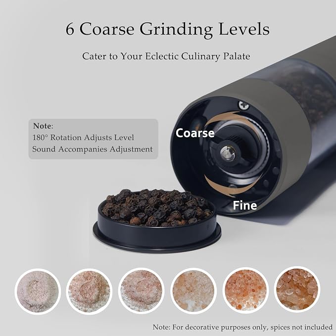 Electric Salt and Pepper Grinder Set, USB Rechargeable, Automatic Salt and Pepper Mill Grinder with Adjustable Coarseness, Electric Salt Shakers, LED Light, Refillable (2 Packs, Greige)