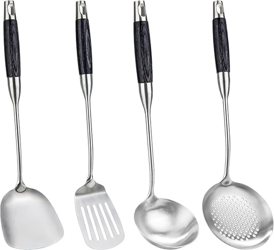 FJNATINH Wok Spatula Set of 4, Spatula Slotted Turner, Soup Ladle, Slotted Spoon for Cooking Utensils with Wooden Handle, Kitchen Stainless Steel Spatulas Cooking Spoons
