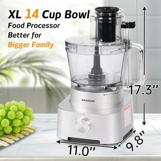 14-Cup Aluminum-Diecast Food-Processor - XL Bowl, Large Chute, 800W Motor & Silver Die-Cast Base, Slicing & Shredding, Chopping & Mixing, For Fries, Cheese, Meat & Veggie Prep, For Home Use