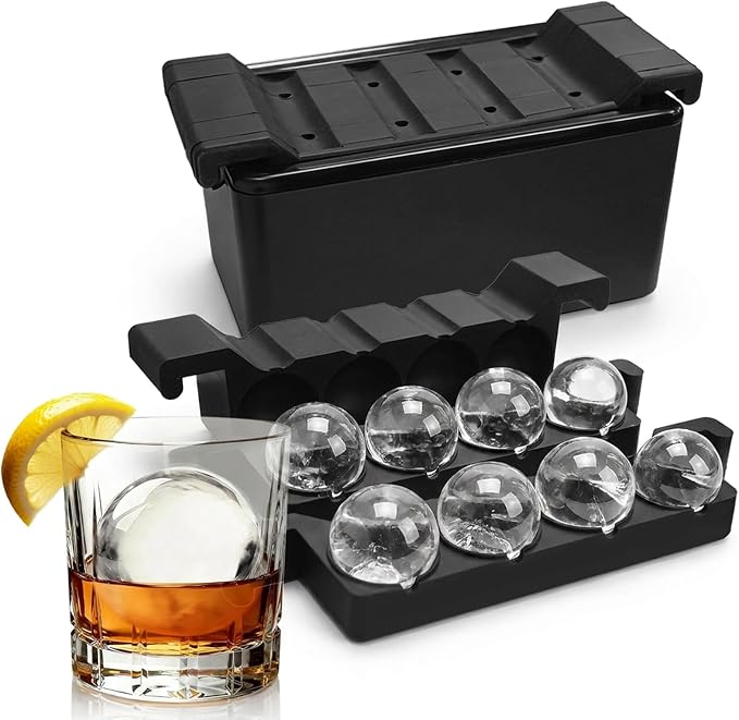 MTUS Clear Round Ice Cube mold, Silicone Whiskey Ice Sphere Mold with Easy-Release Tray, 8 Cavity Large 2 Inch Ice Ball mold