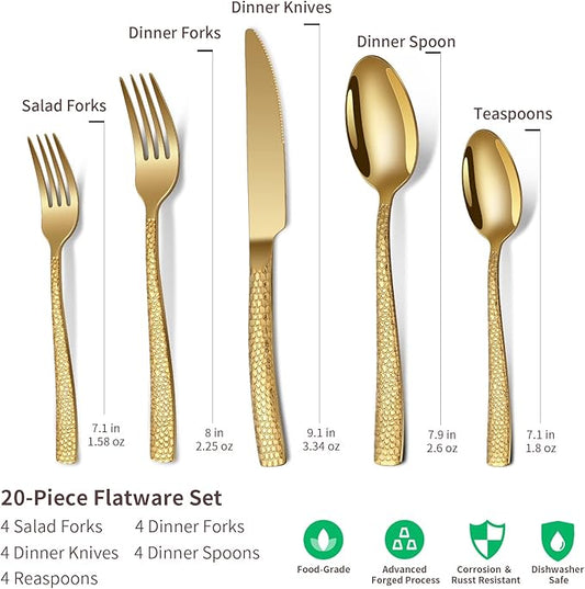 20-Piece Silverware Set, Gold Hammered Stainless Steel Flatware Sets for 4, Food-Grade Tableware Set, Including Fork Knife Spoon Set, Home Kitchen Cutlery Sets, Dishwasher Safe
