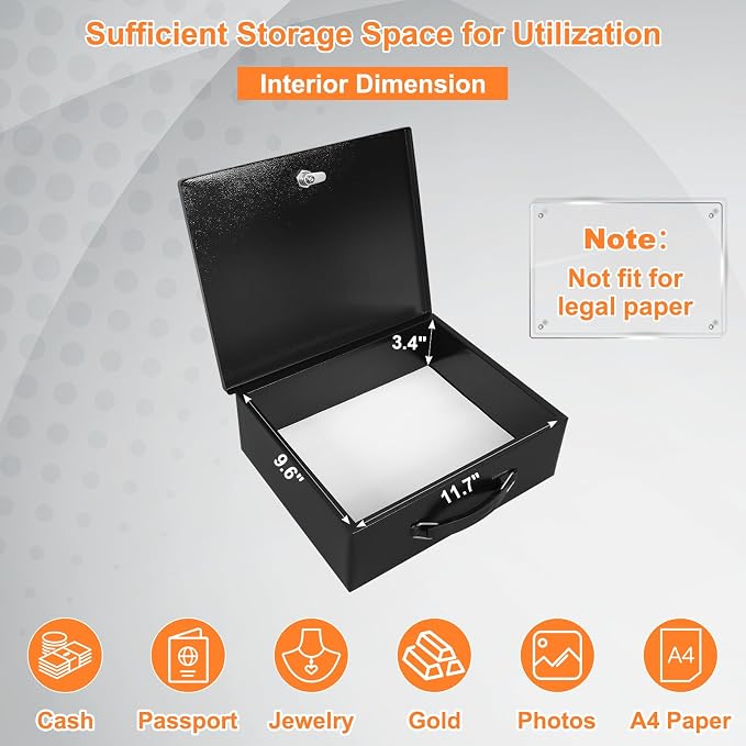 KYODOLED Fireproof Document Box with Key Lock, Large Safe Storage Box for Valuables, Fire Resistance Security Chest, Lock Box for Passport, Cash, Tablet 13.2'' x 11'' x 4.13'' Black