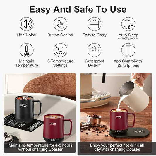 Temperature Control Smart Mug, Self Heating Coffee Mug LED Display, 180 Min Battery Life - Hot up to 149℉ Fast Wireless Charger Base Improved Design coffee serving sets (12oz, Burgundy)