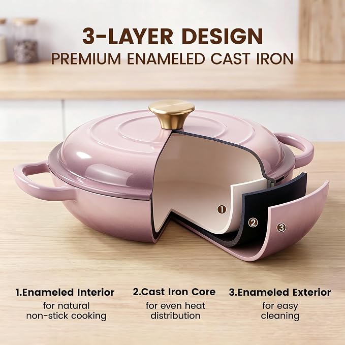 Vintage Style 3 Quart Enameled Cast Iron Braiser, Non Stick Enameled Cast Iron Skillet with Lid, Dutch Oven Skillet with lid up to 500°F for Oven, Stove, Grill, Shallow Dutch Oven for Cook, Bake (Pink)