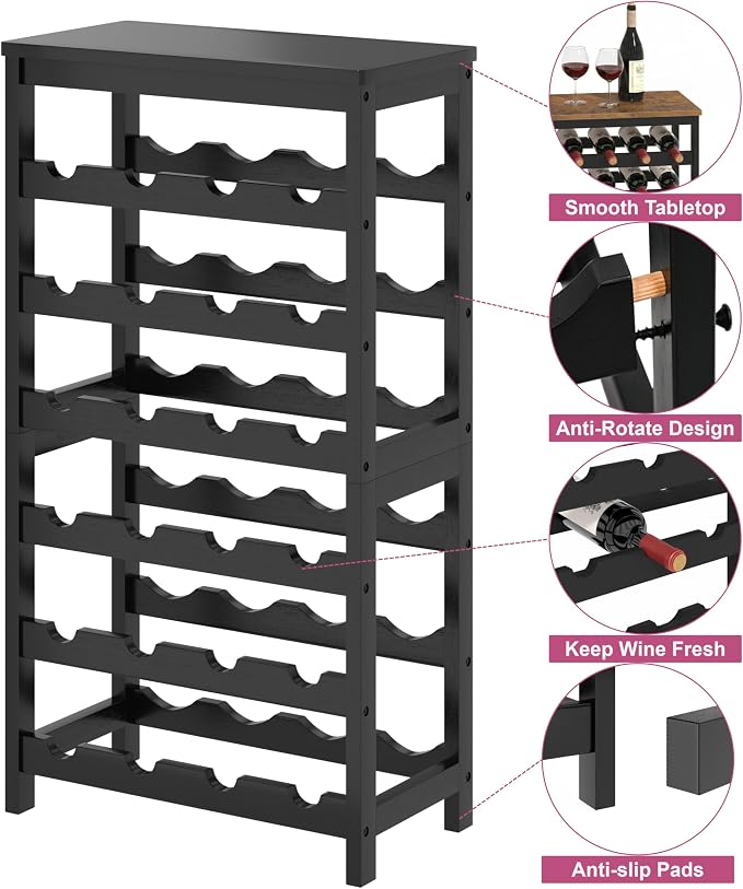 MOGELAFOO 6 Tier Bamboo Wine Rack Freestanding Floor, 24 Bottles Wine Storage Shelves with Table Top, Stackable Wine Display Rack for Kitchen, Bar, Dining Room, Black