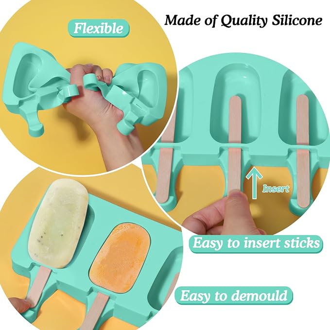 Ozera 2 Pack Silicone Popsicles Molds, Cake Pop Molds, Green | Popsicles Maker, 4 Cavities Oval, with 50 Wooden Sticks & Bags, Reusable, Easy to Release