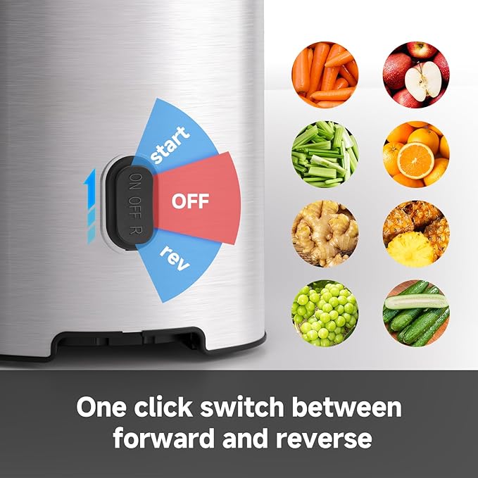 AMZCHEF Cold Press Juicer, 5.4" Whole Fruit Self-Feeding Slow Juicer | Stainless Steel Slow Masticating Juicer Easy to Clean | Triple Strainers | Large Auger | High Yield