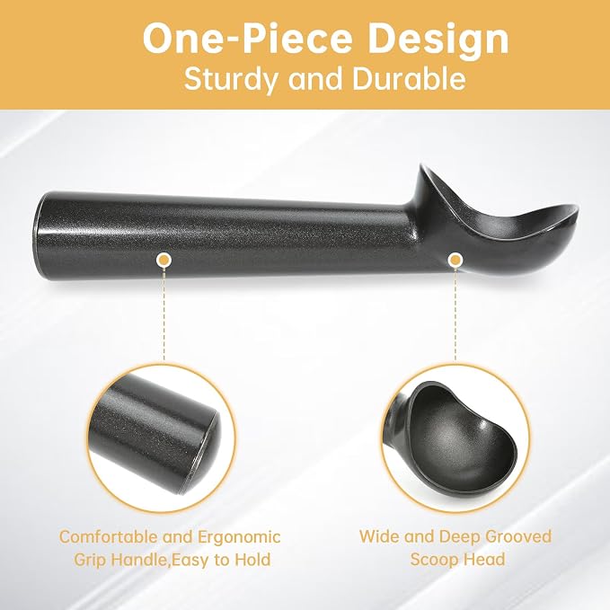 Ice Cream Scoop,7 inches Nonstick Anti-Freeze One Piece Aluminum Scooper Spoon, Heavy Duty Durable Design, Easy Clean, for Gelato, Cookie Dough, Sorbet, Almond (Black)
