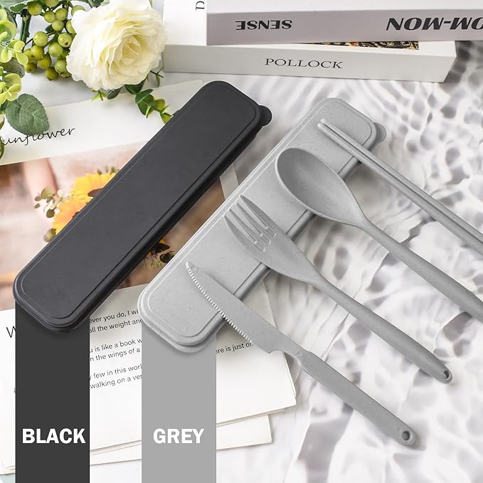 2 Sets Large Reusable Utensils Set with Case, Portable Cutlery Sets | Plastic, Black and Grey, Chopsticks Fork Spoon Knife Set with Lunch Box, For Camping Travel Daily Lunch Use Picnic Outdoor