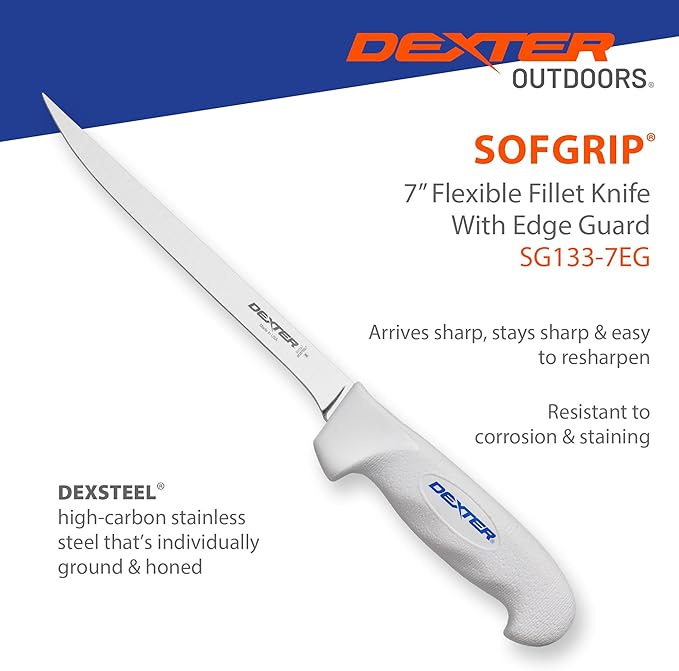 Dexter Outdoors SOFGRIP 7" Flexible Fillet Knife with Edge Guard | Corrosion-resistant high-carbon American stainless blade with soft slip-resistant grip. Edge guard included, made in USA.