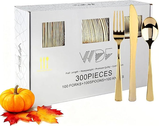 WDF300 Pieces Gold Plastic Silverware - Heavy Duty Disposable Cutlery Set Plastic Gold Silverware Set Includes 100 Forks, 100 Spoons, 100 Knives for Party/Thanksgiving