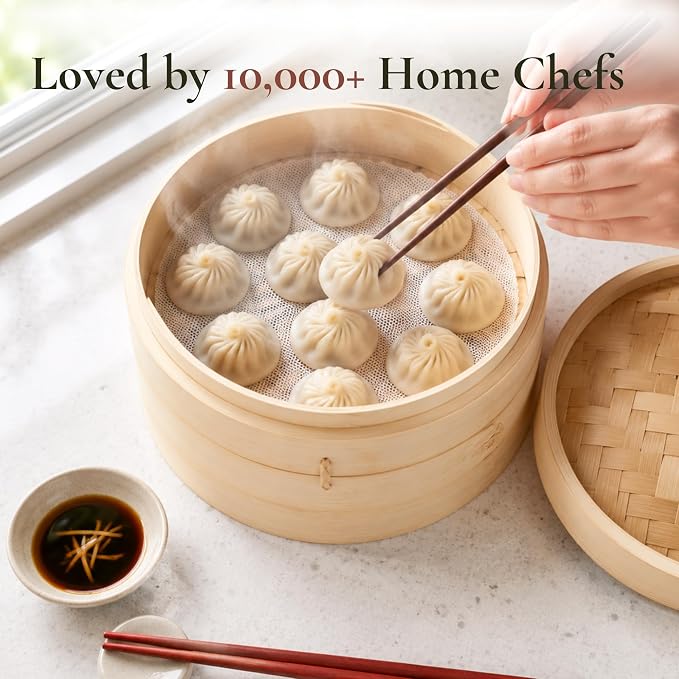 Bamboo Steamer Basket 10-Inch, 2-Tier Dumpling Steamer Cooking | Incl. Silicone Liners, Sauce Dish, Chopsticks - Steam Baskets for Food, Dim Sum, Bao Bun, Rice, Momo, Rice, Vegetables
