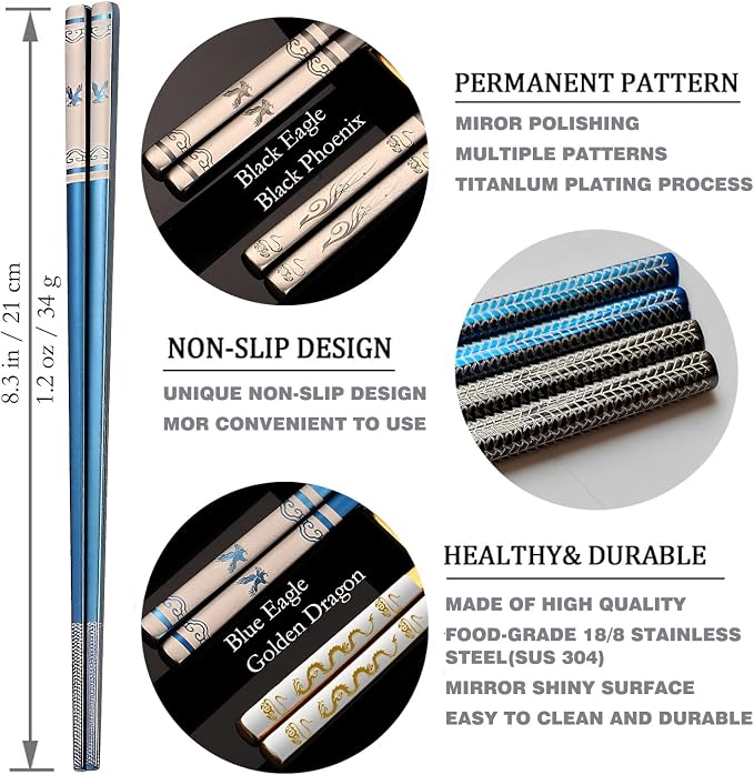 Stainless Steel Chopsticks with Case,Travel Chop Stick,1 Pair,Blue Eagle | Portable,Reusable,Metal,Titanium Plated,Come in a Set,Durable Case,Beginner friendly,for School,Home,Office,Bento Box