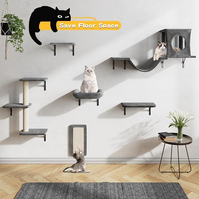 12-in-1 Cat Wall Shelves, Luxury Wall-Mounted Cat Climber Set with Condos House, Scratching Post, Bridge Ladder, Indoor Space-Saving Furniture for Kittens, Dark Gray