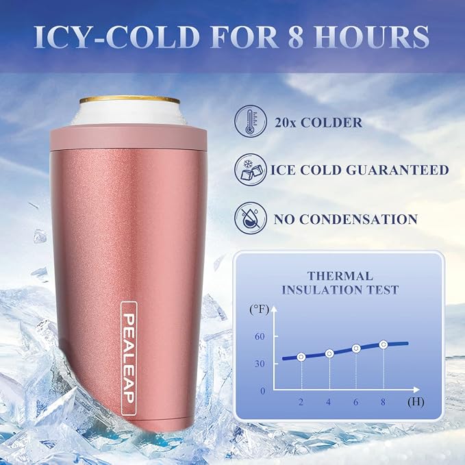 Pealeap 4-in-1 Insulated Slim Can Cooler for All 12oz Cans & Beer Bottles | Double-walled Stainless Steel Vacuum Can Cozy | Keep 8Hrs Cold | Universal Fits 12oz Drinks | No Sweat | Cup Holder Friendly