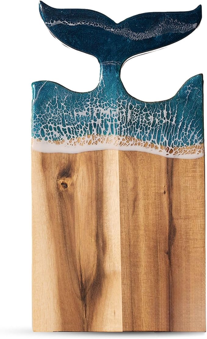 Whale Tail Serving Board, 15"x 7.9" Acacia Wood Ocean Resin Art Charcuterie Cheese Tray for Meal Prep, Fruit or Meat Display, Cutting Board on Back, Unique Gift for Women, Housewarming Gift