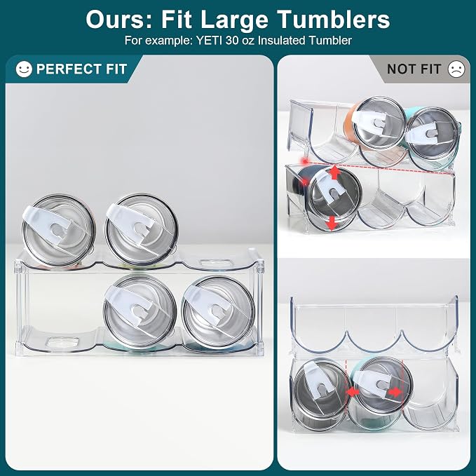 LARGER Compartment - Stackable Water Bottle Organizer Holder - for Stanley & Others' Large Tumbler - Clear Wine Rack, Cup Bottle Holder for Cabinet Home Countertop Fridge Pantry Shelf, 2 Tier Hold 6