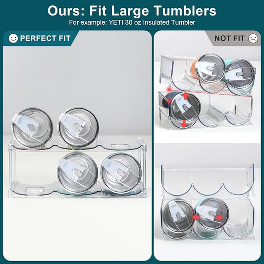 LARGER Compartment - Stackable Water Bottle Organizer Holder - for Stanley & Others' Large Tumbler - Clear Wine Rack, Cup Bottle Holder for Cabinet Home Countertop Fridge Pantry Shelf, 2 Tier Hold 6