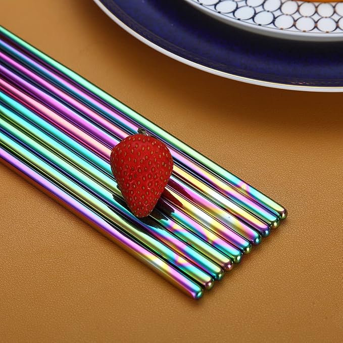 10 Pairs Reusable Chopsticks, Titanium Rainbow Plating Stainless Steel Metal Chop Sticks, Japanese Chinese Korean Chopstick Dishwasher Safe, 8.9 Inch (Coloful / Chop sticks)