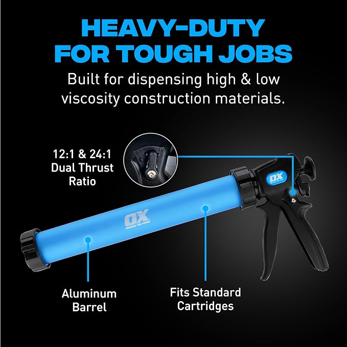 OX Professional Sausage Caulking Gun 20-Ounce Manual Sausage Gun - Dual Thrust 12:1 & 24:1 Ratio for Adhesive & Sealant - Pistola De Caulking
