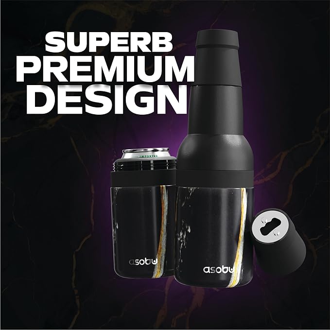 Asobu Frosty Beer Holder 2 Go Vacuum Insulated Double Walled Stainless Steel Beer Can and Bottle Cooler with Beer Opener, Bpa Free, Fits Standard 12oz Bottles, Gift for Beer Lovers (Midnight Marble)