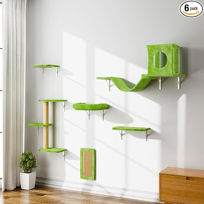 NUNU LAB Wall Mounted Cat Climber Set, 6 Pcs Cat Furniture Set with House, Bridge, Steps, Scratcher Board and Hammock, Shelves for Indoor, Luxury Walls Furniture, Light Green