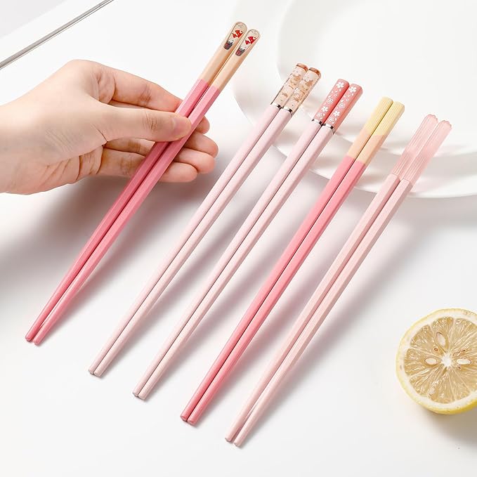 Chopsticks Reusable Dishwasher Safe, 9.57 inches Pink Non-slip Lightweight Fiberglass Chop Sticks, Asian Cuisine Japanese Chinese Chopstick Gift Set, 5 Pairs