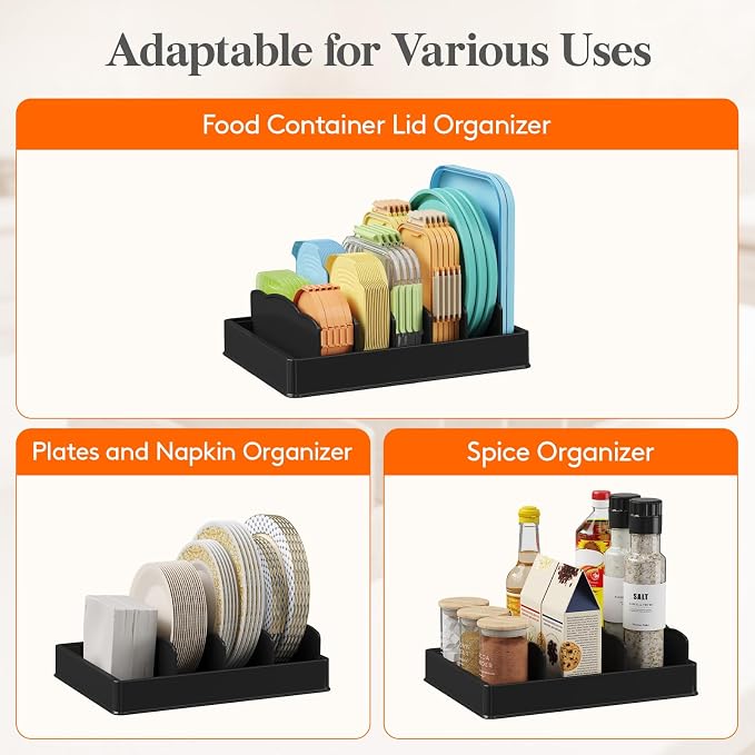 Lifewit Kitchen Cabinet Organizer for Food Contanier Lid with 7 Sections | Lid Holder with 6 Adjustable Dividers for Pantry Organizers and Storage, Home Drawer Organization, Black, Large, 13" x 10"