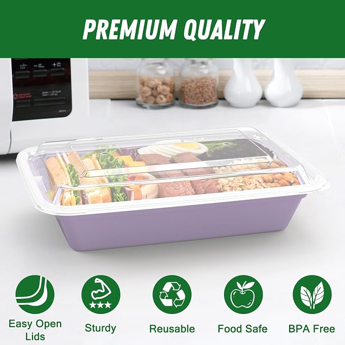 50 Pack (100-Piece) 32 oz Meal Prep Containers with Easy Open Lids, Lilac | Sturdy Leakproof & Food Safe, Microwave, Freezer, Dishwasher Safe Prep Containers, To Go Take Out Plastic Food Storage