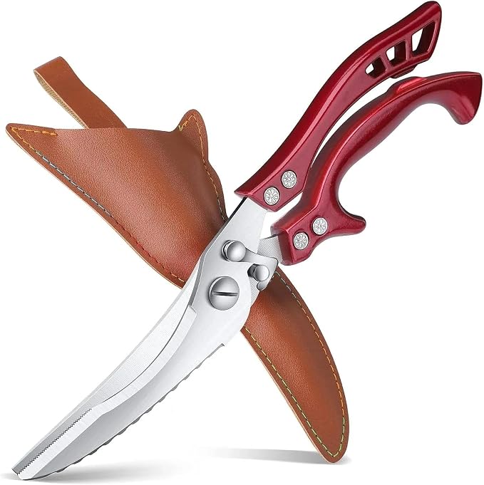 Poultry Shears Red - Heavy Duty Stainless Steel Kitchen Shears | Serrated Edge, Spring Loaded Rust Resistant, Multipurpose for Chicken Turkey Fish, Gift for Men Women