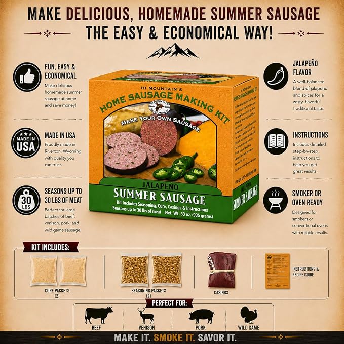 Hi Mountain JALAPENO Summer Sausage Kit | Complete sausage seasoning kit. Includes: Seasoning, cure & 10 casings. Beef, pork, venison, deer, elk. Makes up to 30 lbs
