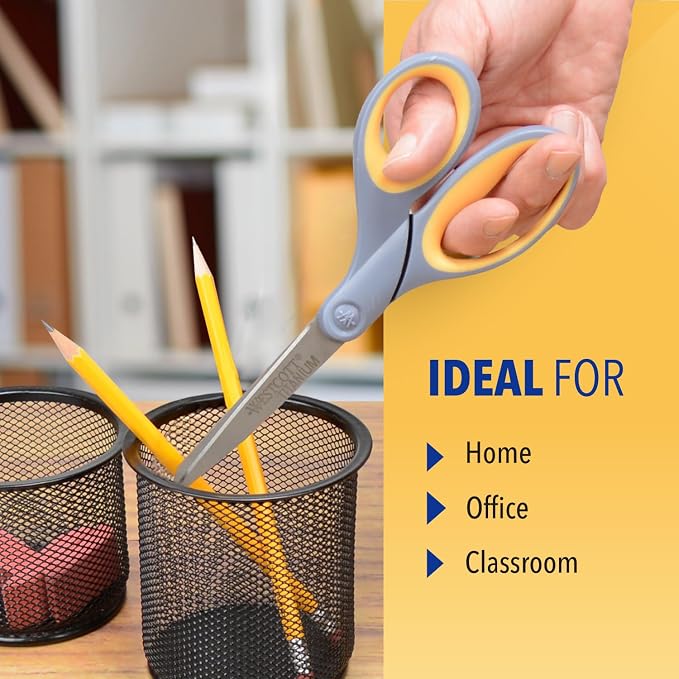 Westcott 8-Inch Titanium Bonded Scissors for Home, Office, and Classroom - Perfect for Cutting Paper, Sewing, and Crafts - Heavy-Duty Design with Soft Handle - Gray/Yellow (Pack of 48)