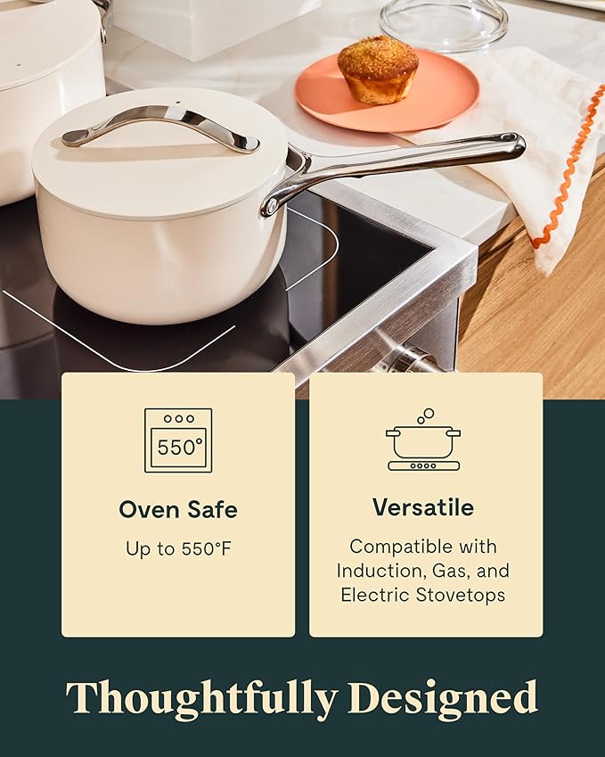 Caraway Nonstick Ceramic Sauce Pan with Lid (1.75 qt) - Non Toxic, PTFE & PFOA Free - Oven Safe & Compatible with All Stovetops (Gas, Electric & Induction) - Navy
