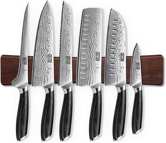HOSHANHO 7 Pieces Knife Set with Magnetic Knife Holder, Ultra Sharp Powder Steel Kitchen Knives Set, Professional Chef Knife Sets with Ergonomic Pakkawood Handle