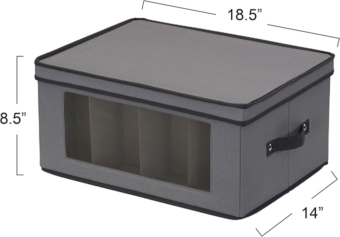 Household Essentials Wine Glass Storage Box in Strong Frame, Handles, Windowed Panel and 12 Compartments, Gray with Black Trim