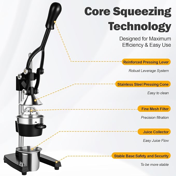 Lemon Squeezer Manual Citrus Juicer Press, Heavy Duty Cast Iron Orange Juicer with Stainless Steel Cone, Commercial Lever Juice Press for Lemon, Lime & Citrus Fruits, Easy to Clean