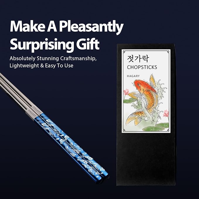 Hagary Carp Reusable Chopsticks Square Metal Stainless Steel 316 18/10 Non-Slip Dishwasher Safe Designed In Korea Japanese Style (Blue - 2 Pairs)