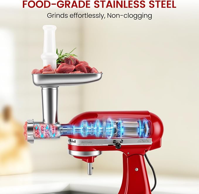 Stainless Steel Meat Grinder Attachment for KitchenAid Stand Mixer | Food Grade, Heavy Duty, No Clog, Dishwasher Safe, Sausage Stuffer & Burger Maker