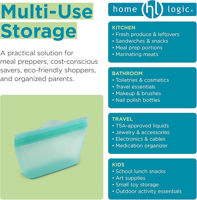 Home Logic Reusable Snack Bags - Set of 6 Pool Blue Silicone Freezer Bags, Airtight Leak Resistant Reusable Zip Bags for Kitchen Home Food Prep, Microwave & Sous Vide Safe