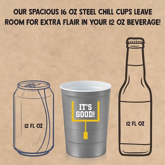 Steel Chill Cups 16 oz. Reusable Party Cups, Football, Gray, 12 Count | Made in USA from Steel these durable cups chill fast & keep your drink cold for longer, 100% recyclable for sustainablity