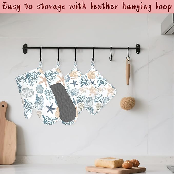 Starfish Coral Shells Ocean Silicone Oven Mitts and Pot Holders,Heat-Resistant 4 Piece Kitchen Set Non-Slip Oven Gloves and Hot Pads for Cooking, Baking, Grilling,BBQ
